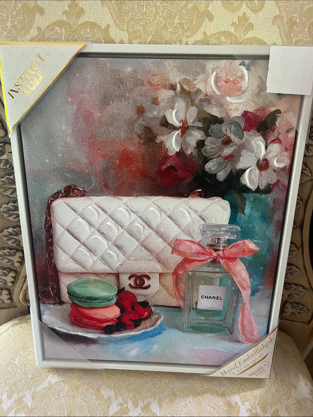 CHANEL White Quilted Handbag & Pastel Still Life Wall Art